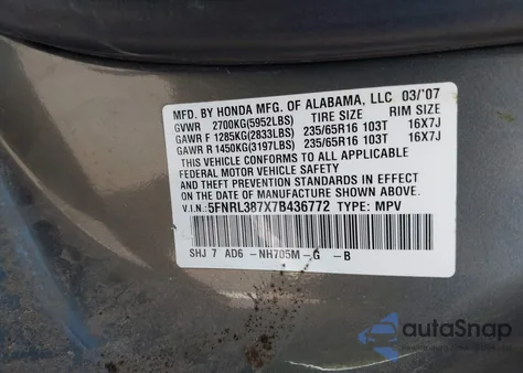 2007 Honda Odyssey Exl from USA, damaged, VIN 5FNRL387X7B436772